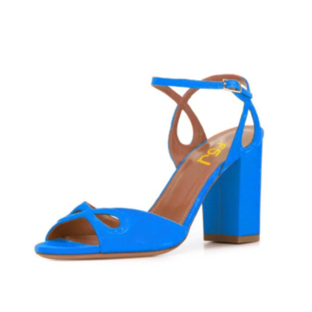 FSJ Women's Blue Ankle Strap Chunky Heel Sandal - Picture 1 of 11